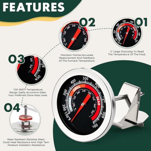 Thermometer Replacement for Big Green Egg, BGE Temperature Gauge for Big Green Egg,Grill Dome, Char-Griller Kamado, Stainless Steel 150-900°F with No-Fog Glass Lens (2" for BGE) - size: 2" for BGE