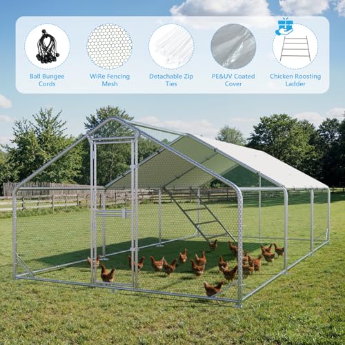 Large Metal Chicken Coop, Outdoor Chicken Run with Cover, 10 x 20 x 6.5 FT | Heavy-Duty Poultry Enclosure & Chicken Pen with Split Doors, Galvanized Steel Frame, Free Wire Mesh Fence and Roosting Ladder - size: 118.1"L x 78.7"W x 235.2"H
