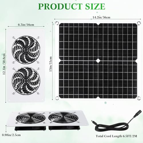 Rossesay 1 Set 25W 12V Solar Powered Fan for Chicken Coop Waterproof Solar Panel Exhaust Fans USB Portable Metal Shell for Shed Greenhouse Outside Air Ventilation Pet Dog House
