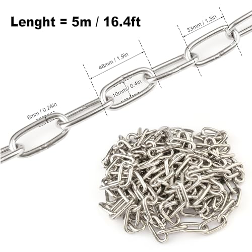 16.4 Ft 1/4 Inch Stainless Steel Chain, Heavy Duty Chain, Hanging Chain for Hanging Clothing, Decorations, Chair, Securing Gates and Fences, Anchoring Camping Equipment and More. by GENHAKON - size: 16.4 Ft 1/4 Inch