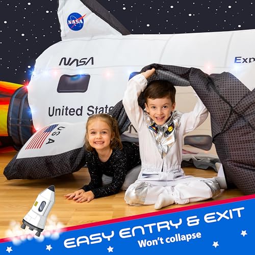 W&O Space Explorer Inflatable Fort with Lights & Sound - Fan Not Included | Rocket Ship Aerodome with LED Lights, Blast-Off Sound Button, Easy Entry/Exit, Space Adventure Play. Great Gift, Ages 3-12 - color: Space Shuttle