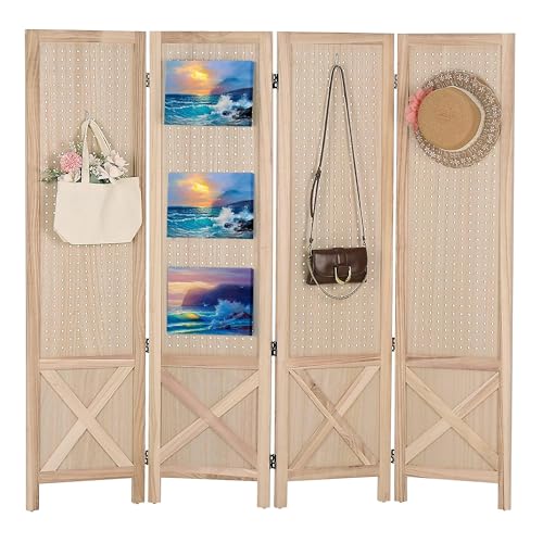 Wnutrees 4 Panel Pegboard Display,5 Ft Folding Privacy Screen Room Divider | Wood Portable Freestanding Board Organizer, Partition for Craft/Art Shows, Retail, Events, Wall Display, Natural - color: Natural