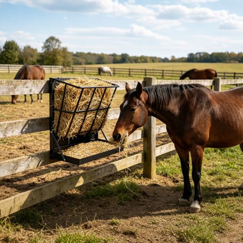 2 in 1 Wall Mount Hay and Grain Feeder, 25 Gallons Livestock Feeder | Galvanized Steel Wall Hay Rack, Hanging Hay Feeder with Mounting Kit for Goats Sheep Horse, Slow Feeder for Goats with Trough - color: Black