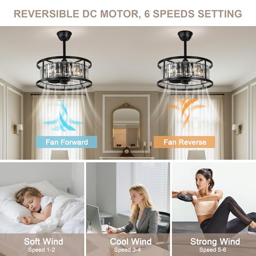 20" Crystal Ceiling Fan with Lights Caged Fandelier Ceiling Fan | Modern Crystal Chandelier Light for Bedroom Nursery Living Room, Remote Control Reversible 6 Speed 4 E26 Bulbs (Not Included) - color: Crystal Cage