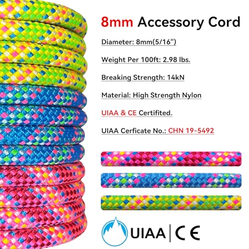 8mm Accessory Cord 6M (20ft) UIAA Rock Climbing Rope 14Kn High Tensile Strength Rock Climbing Accessories Cord Double Braid Nylon Cord for Mountain Tree Climbing, Canyoneering,Fire Rescue - size: 20FT, style: 8mm-Green