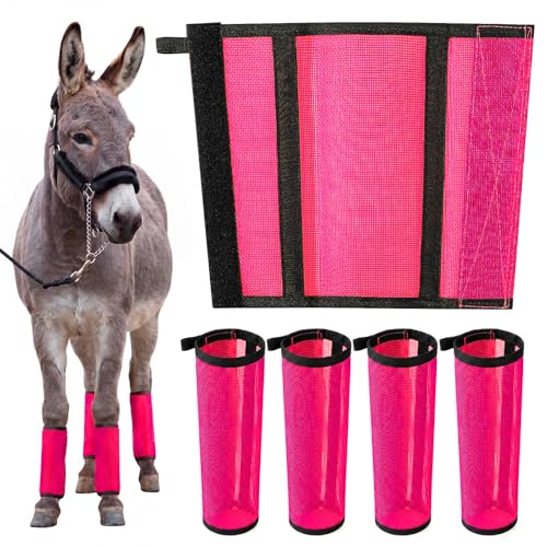 Donkey Fly Boots Set of 4, UV-Proof Breathable Mesh Leg Wraps with Built-in Nylon Support, Non-Slip Adjustable Closures, Summer Protection for Farm Donkeys, Pony, Mule(Mini,Pink,4) - color: Pink