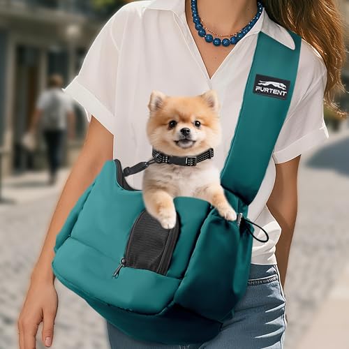 Dog Carrier Sling for Small Dogs & Cats Hand-Free Puppy Sling Purses with Storage Bag and Adjustable Shoulder Strap, Pet Sling Carrier Up to 8.8 Lbs (Blue) | Padded adjustable strap, safety tether, breathable mesh openings and two expandable pockets add c