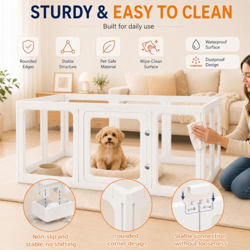 Clear Acrylic Dog Playpen Indoor 12 Panels Puppy Play Pen with Door and Toilet Detachable Pet Fence Kennel for Small Dog, Cat, Rabbit (24 Inch, White) - color: White