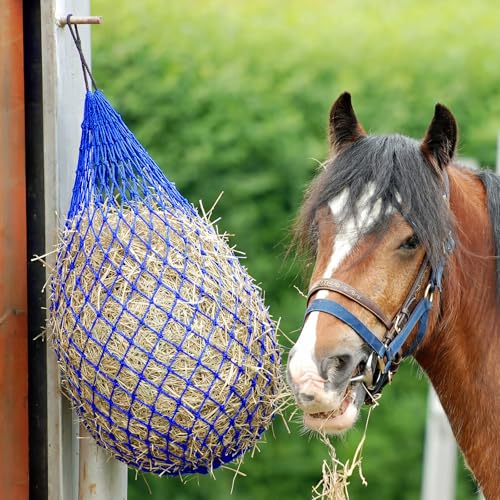 Windyun 4 Pcs Deluxe Ultra Slow Hay Feeder Nets, 42" Length with 1" Feeding Holes, Horse Supplies Heavy-Duty Top Loading Black Horse Hay Bag for Goats Sheep Livestock Barn Farm Feeding Tack(Blue) - color: Blue