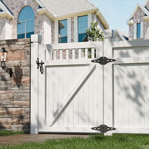 8" Heavy Duty Decorative Strap Hinges and Spring Loaded Latch Kit with Screws for Outdoor Fence Swing Gate Black Finish，Wood Gate Hardware Set，with Handle (1, Black)