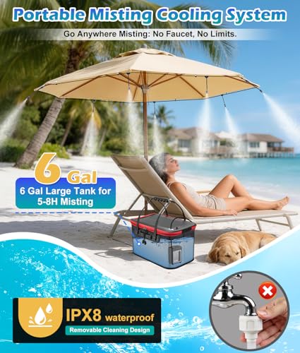 Portable Misting Systems for Patio, Outdoor Water Cooling Misting Kit with 6000mAh Water Pump IPX8, DIY Misters for Outside Garden, Greenhouse, Fan, Umbrella, Canopy, Pasture, Camping(22L Bucket)