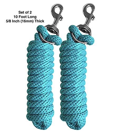 Majestic Ally Pack of 2 Solid Poly Lead Rope for Horses & Livestock – 10 Foot long and 5/8 inch Thick - Replaceable Heavy-Duty Bolt Snap – Handmade – Soft, Broken in Feel (Turquoise) - color: Turquoise