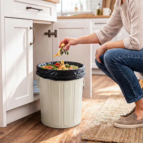 Plexon 5 Gallon Small Metal Trash Can with Lid Outdoor Galvanized Steel Bucket with Lid 5 Gal Storage Can for Dog Food Bird Seed Storage Container, Off-White - color: Off-White