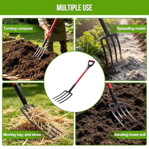 4-Tine Garden Pitch Fork, 44-Inch Heavy Duty Digging Fork for Soil Loosening, Compost Turning & Mulch Moving – Ergonomic Fiberglass Handle Garden Fork - size: One Piece Fork 42.5Inch