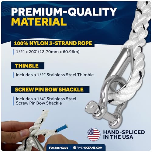 Five Oceans Anchor Line 1/2" x 200', Anchor Rope Line, Marine Premium 3-Strand White Nylon Boat Anchor Rope - Stainless Steel Thimble and Shackle, Ideal for Mooring Anchoring Towing - FO4486-C200 - style: 1/2 inch x 200 ft