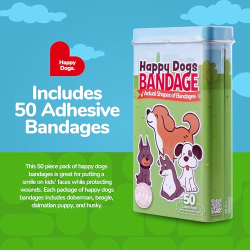 BioSwiss Bandages, Happy Dog Shaped Self Adhesive Bandage Set, Latex Free, Sterile Wound Care, 50 Count - size: 50-Count Tin, style: Dogs