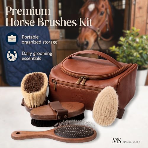 Premium Horse Brushes Set (4 Pieces) - Essential Equine Care Set with Beechwood Brushes, Natural Bristles, and Handcrafted Leather Bag - Luxury Gift for Horse Riders and Owners