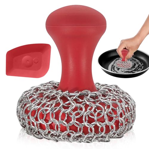 316L Chainmail Scrubber Cleaner Kit - Skillet Cleaner with Long Grip Handle | 316L Chainmail Scrubber + Pan Scraper + Long Handles - 316 Cast Iron Cleaner - Chain Mail Scrubber for Cast Iron Pans - style: Red CIS with Scraper (Handle)