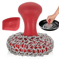316L Chainmail Scrubber Cleaner Kit - Skillet Cleaner with Long Grip Handle | 316L Chainmail Scrubber + Pan Scraper + Long Handles - 316 Cast Iron Cleaner - Chain Mail Scrubber for Cast Iron Pans - style: Red CIS with Scraper (Handle)