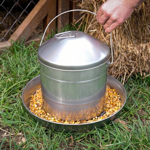 Plexon 17.6 Lb Hanging Chicken Feeder Metal Chicken Feeder with Handle no Waste Food - Stainless Steel - Turkey Duck Poultry Feeder - Heavy Duty Feeding Equipment - Grade Large - size: 17.6 LB