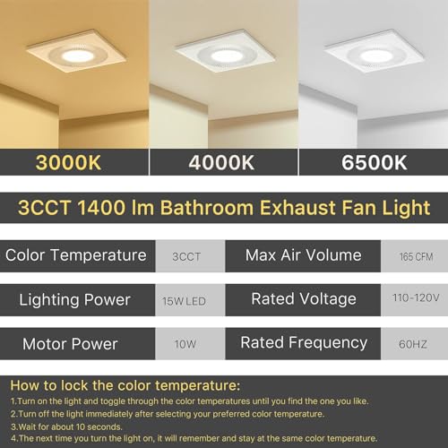Bathroom 12IN Exhaust Fan with Light 165CFM 3CCT Shower Bathroom Vent Fan with 1400lm Led Light Combo Quiet 1.2 Sones Bath Ceiling vent with Adjustable Led Light (6500k Matte White) | Bathroom Vent Fan with Light Ceiling Mount 3CCT 1400lm LED Light 9.84"x