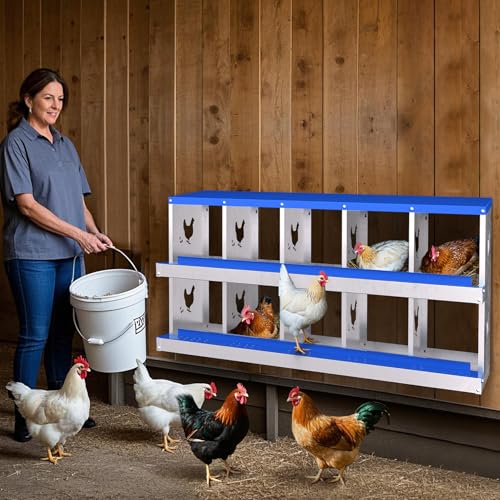 TrailBlaze Durable Galvanized Metal Chicken Nesting Box - 10 Compartments, Roll Away Egg System with Perch & Lid, Rustproof, Ventilated, Easy Install - Blue, 10 Compartments, Without Bracket - color: Blue, size: 10 Holes