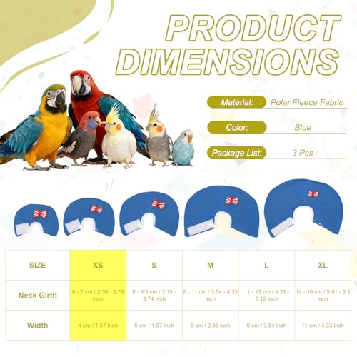 Bird Collars, Bird Cone Collar Protective Recovery Cones, Soft Adjustable Anti-Bite Feather Neck Protector (Blue, XS, 3 Pcs), Intended for Budgie/Cockatiel/Lovebirds - color: Blue, size: XS