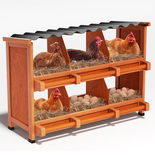 2-Tier Chicken Nesting Box, 6 Compartment Wooden Nesting Box for Chickens with Waterproof Roof, Non-Slip Stable Base, Heavy Duty Chicken Laying Boxes for Hens, Duck, Poultry, Bird, Orange - size: 38.8"L x 12.6"W x 29.8"H