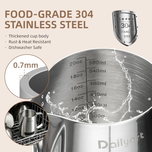 Dailyart Milk Frothing Pitcher 20oz Milk Frother Cup with Thermometer | 304 Stainless Steel 600ml Milk Pitcher with Scale Espresso Machine Accessories for Coffee, Cappuccino, Espresso,Latte Art - size: 20.3 Ounces