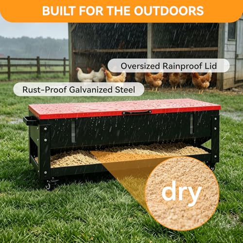120 LB Large Chicken Feeder No-Waste, Heavy Duty Galvanized Metal Poultry Feeder with 360 Swivel Wheels, Rainproof Automatic Gravity Trough for Outside Coop, Chickens, Ducks, Geese