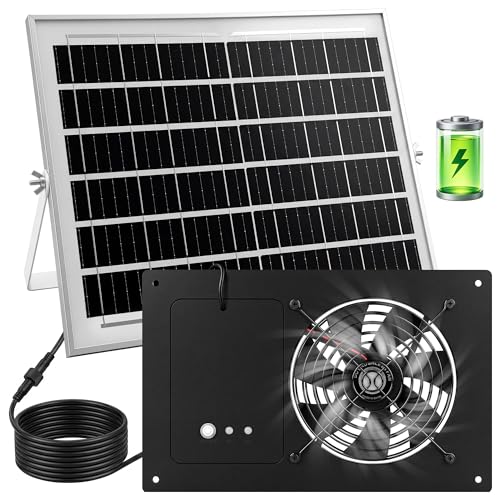 ropelux Solar Exhaust Fans with 15000mAh Battery & 2 Timers, Single Fan | Solar Powered, 24/7 Operation, Airflow Cooling Ventilation, for Chicken Coop,Greenhouses, Dog Houses, Attics, Sheds, Cabins - size: Single Fan