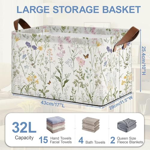 Wildflowers Butterfly Storage Baskets,Plants Botanical Foldable Large Capacity Organizer Bins with Waterproof Lining and Leather Handles for Closet,Shelf,Bedroom 17x11.5x10Inch - color: Wildflowers Butterfly Plants Botanical