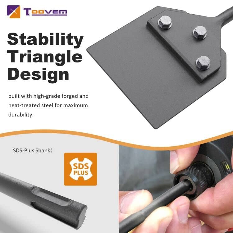 TOOVEM 4 Inch SDS Plus Floor Scraper Kit fits SDS-Plus Rotary Hammers | 4 x 10 Inch Tile Removal Chisel Tool with Spare Blades, Bolts, Nuts, Lock Washers, Removes Thinset Adhesives Wall Scraper - color: Silver
