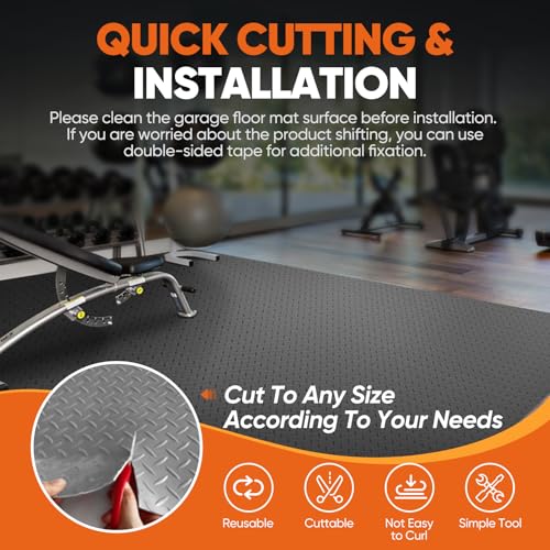 Garage Floor Mat, 7.5x17 FT Rubber Flooring Roll, Non-Slip Shop Flooring | PVC Garage Floor Covering, 2.0mm Thickened Diamond Plate Rubber Mat, Waterproof Garage Floor Mats for Under Car, Golf Cart