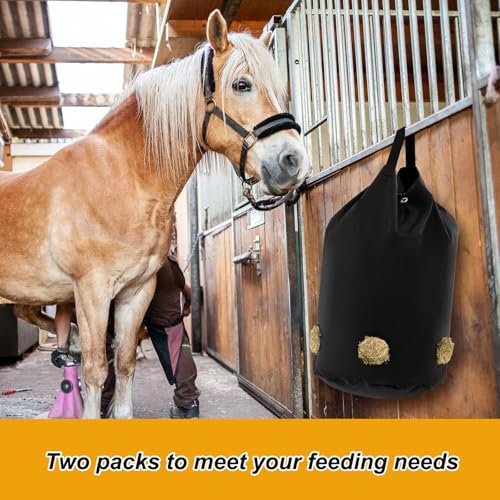 2 Pcs Hay Bags for Horses Slow Feed 1680D Oxford Net,5 Holes | Large Holder for Horses Goats Sheep, Net Feed Holes Reduce Waste, Hanging Strap Included, Stable Barn Farm Outdoor Use