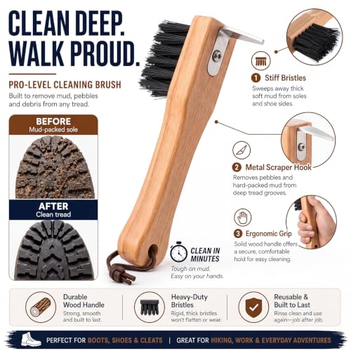 2 Pcs Handheld Shoe Sole Mud Brush with Pick Heavy Duty Stiff Bristles Cleat Scraper Wood Boot Brush for Bottom Mud Remover for Golf Soccer Hiking Boots Farm Outdoor Footwear