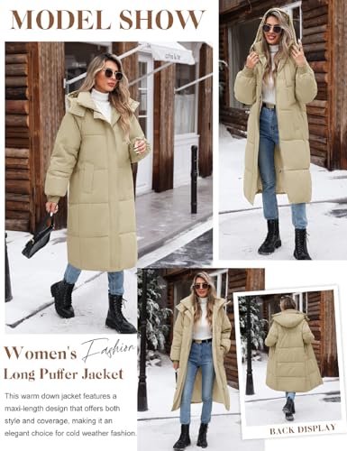 Women Long Puffer Coat Winter Warm Hooded Jacket Long Sleeve Parka Full Length Down Coats With Zip - color: Khaki, size: X-Large