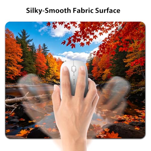 Autumn Forest River with Bridge Mouse Pad 9.5" x 7.9", Red Yellow Fall Maple Leaves Cute Desk Mat, Scenic Landscape - color: Autumn Scenery