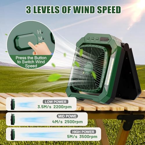 Portable Camping fan Rechargeable, 2-in-1 Battery Powered Solar Fan with Detachable Solar Panel, 270° Rotation Personal USB Desk Fan with 3 Speed/Timer/LED Light/Hanging Hook for Outdoor - color: Green A
