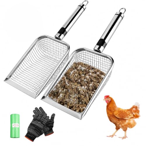 Chicken Poop Scooper for Coop, Coop Rake Scooper Shovel, 2 Pack | 3.8mm & 5mm Mesh, Equipped with Gloves and Garbage Bags, for Sifting Sand, Litte, Stainless Steel
