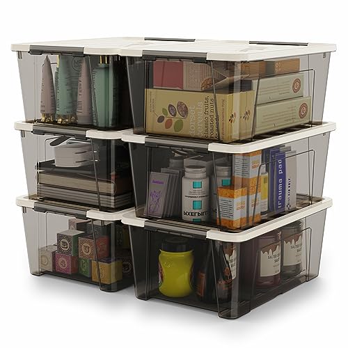 WYT Small Clear 5-Quart Plastic Storage Container Bin with Khaki Secure Lid and Black Latch Buckles, Durable Stackable Nestable Organizin, 6-Pack - color: Khaki