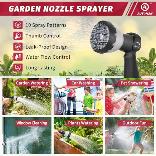 AUTOMAN Garden Hose Nozzle - 10 Adjustable Spray Patterns, Thumb Flow Control Hose Sprayer, Water Hose Spray Nozzle for Plants Watering, Car Washing, Window Cleaning, Pets Bathing, Outdoor Fun, Black - color: Black