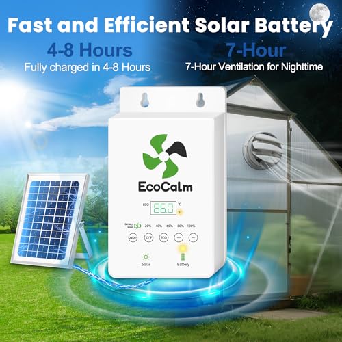 Solar Fan 8" with Adjustable Thermostat and Battery for Greenhouse | Solar Powered Exhaust Fans, Adjustable Temp Control, 25W Bifacial Panel, for Outdoor, shed, Chicken coop, Anti-backflow - size: 8 Inch