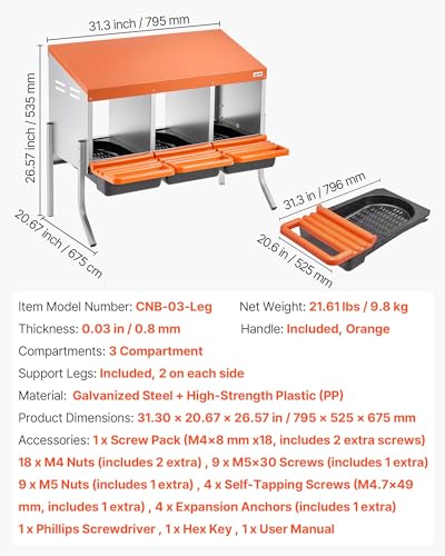 VEVOR Chicken Nesting Boxes, 3 Compartments, with Support Legs, Easy Egg Collection, Galvanized Steel and High-Strength Plastic, Roll Away Nesting Boxes for Chickens and Hens Laying Eggs, Orange