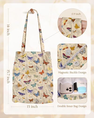 Miss Adola Corduroy Tote Bag for Women with Aesthetic Design | Magnetic Buckle & Pocket, Reusable, Soft, Roomy, Long Shoulder Handles, Double-sided Print, Casual Daily Work, Grocery Bags - color: Butterfly Line Flower, size: Large