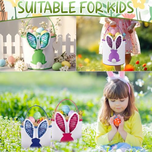 Honeydak 4 Pcs Lighted Easter Baskets for Kids Bunny Easter Egg Hunt Bags Canvas Tote Gift Bags Egg Buckets with Handles for Eggs Hunt, Toys, Candy, Gifts Party Favors(Paillette Rabbit Ear) - style: Paillette Bunny Ear