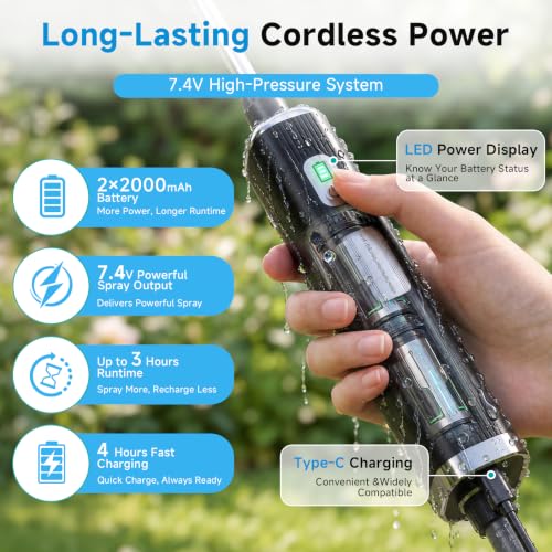 Battery Powered Garden Sprayer 2 Gallon, 7.4V Rechargeable Weed Sprayer with 3 Pressure Mode, 5 Spray Nozzles, Telescopic Wand, Battery Indicator, Adjustable Strap for Lawn Garden, Blue - color: Blue
