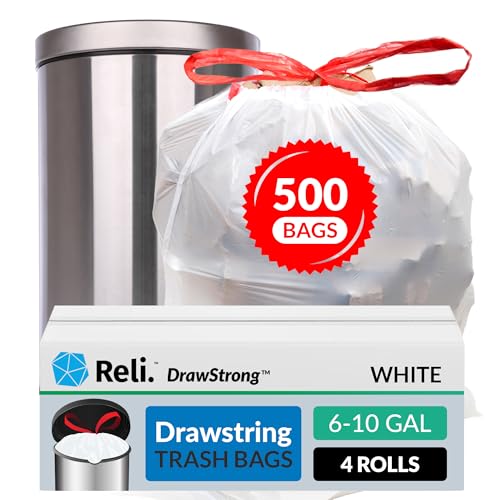 Reli. 6-10 Gallon Trash Bags Drawstring | 500 Count Bulk | 22"x23" | White Trash Can Liners | 6, 8, 10 Gallon Drawstring Garbage Bags | Small - Medium