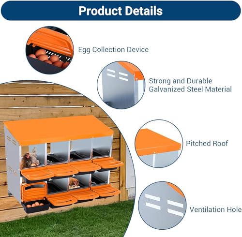 Chicken Nesting Box, 8 Hole 2 Layer Hen Nest Boxes, Roll-Away Egg Collection System with Ventilation Holes，Rustproof Plastic Tray & Keyhole Mounting, Chicken Laying Box - color: Orange, size: 8 holes
