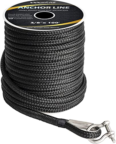 MARINE SYSTEM Made 3/8 Inch 100 FT 150 FT Black Grey Nylon Anchor Line Double Braided Anchor Rope/Line with Thimble (3/8" x 100' Black Nylon) - color: 3/8"x100' Black
